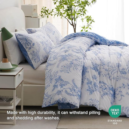 Nayoroom Blue Floral Comforter Set Queen Size White Coquette Bedding Comforter Set 3 Pieces Soft Lightweight Cottagecore Flower Comforter for All Seasons (1 Comforter, 2 Pillow Shams)