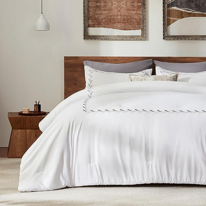 SLEEP ZONE Queen Comforter Set, Luxury Hotel Collection Comforter, 3 Pieces Fluffy Lightweight Down Alternative Duvet Insert with Embroidered Stripes (Olive Leaves, Full/Queen)