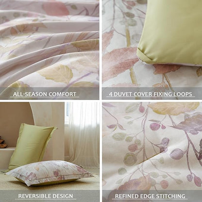 King Size Floral Comforter Set, 3Pcs Long Staple Cotton Duvet for All Seasons, Botanical Print Bedding Set with 1 Lightweight Comforter and 2 Pillow Shams