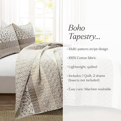 Lush Decor Boho Stripe Reversible Cotton Quilt 3-Piece Set, King, Neutral - Bold Colorful Bohemian Bedding Set