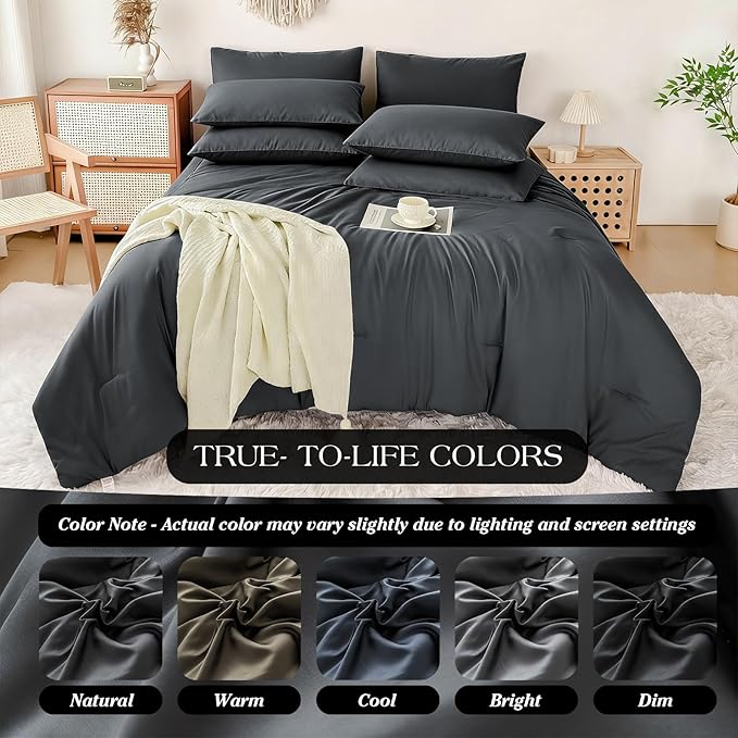 Cal King Comforter Set Double Brushed Microfier Carbon Black - 7-Piece Bed in a Bag, All-Season Soft Bedding with Sheets & Envelope Pillowcases ((104"x90",Cal King)