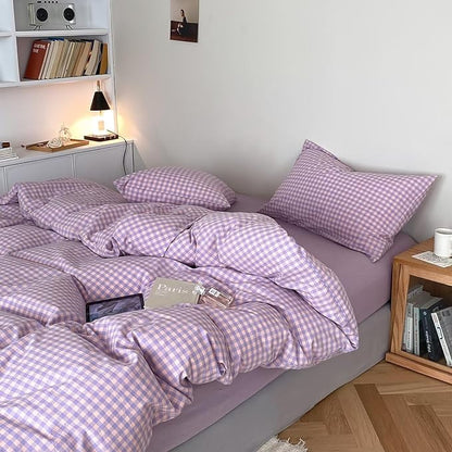 mixinni Purple Gingham Comforter Set Twin XL, Plaid Comforter Set 3 Pieces 1 Purple Grid Comfoter with 2 Pillow Cases for All Seasons, Soft Fluffy Modern Grid Pattern Printed Bedding-Twin XL Size