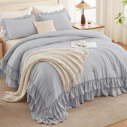 Andency Light Gray California King Comforter Set, 3 Pieces Lightweight Fluffy Farmhouse Shabby Chic Bedding Comforter Sets, Soft Microfiber All Season Cal King Bed Sets(104x96Inch)