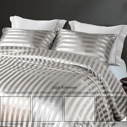 Whale Flotilla 3-Piece Reversible Silky Soft Queen Comforter Set, Luxury Stripe Satin Comforters Full Size Bedding Set with 2 Satin Pillowcases, Lightweight Duvet for All Seasons, Grey
