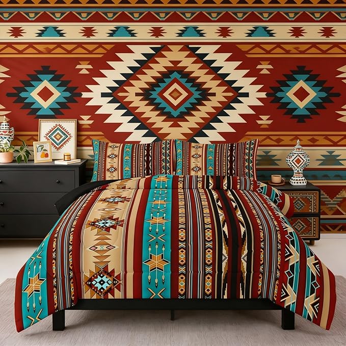 Erosebridal Aztec Bedding Set Ethnic Tribal Arrow Western Quilt,Indian Tribe Geometric Queen Comforter Set Exotic Nordic Style Duvet Insert,Geometric Western Boho Decor,Messy Red Brown Blue