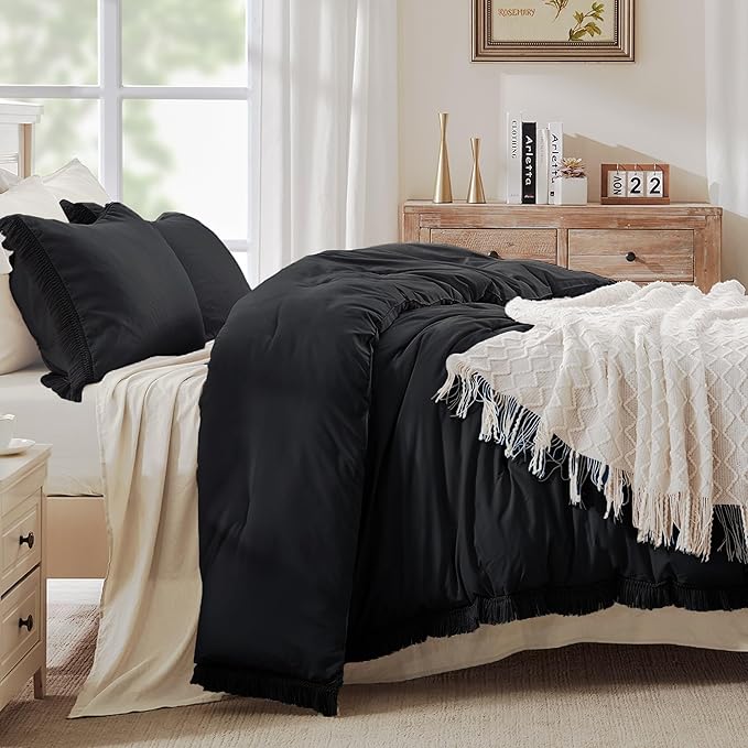 Andency Black Comforter Set California King, 3 Pieces Boho Tassel Lightweight Bedding Comforter Sets, All Season Soft Fluffy Fringe Bed Set (104x96In Comforter & 2 Pillowcases)