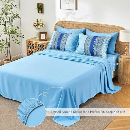 Boho Queen Comforter Set Blue - 7 Pieces Bed in a Bag Floral Striped Comforter and Sheet Set, Soft Microfiber Bohemian Bedding Sets Queen Size for All Season (Blue,Queen)