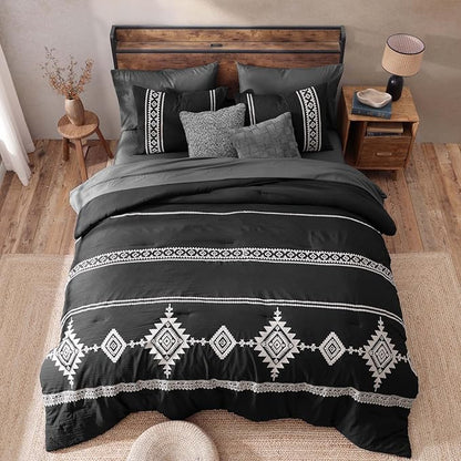 MaiRêve Embroidery Comforter Set, Boho Farmhouse Western Bedding Set, All Season Bed in A Bag Comforter Set with Sheets, Pillowcases & Shams, Black King 7 Pieces