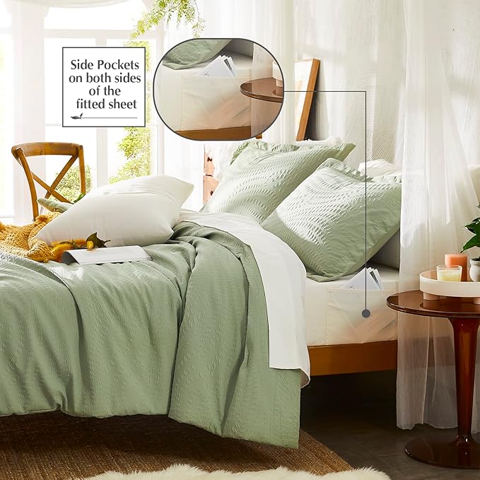 Geniospin King Comforter Set - 7 Pieces Textured Sage Green Bedding Sets, Shabby Chic Comforter Set, All Season Comfortable Bed in a Bag with Comforter, Sheets, Pillowcases & Shams