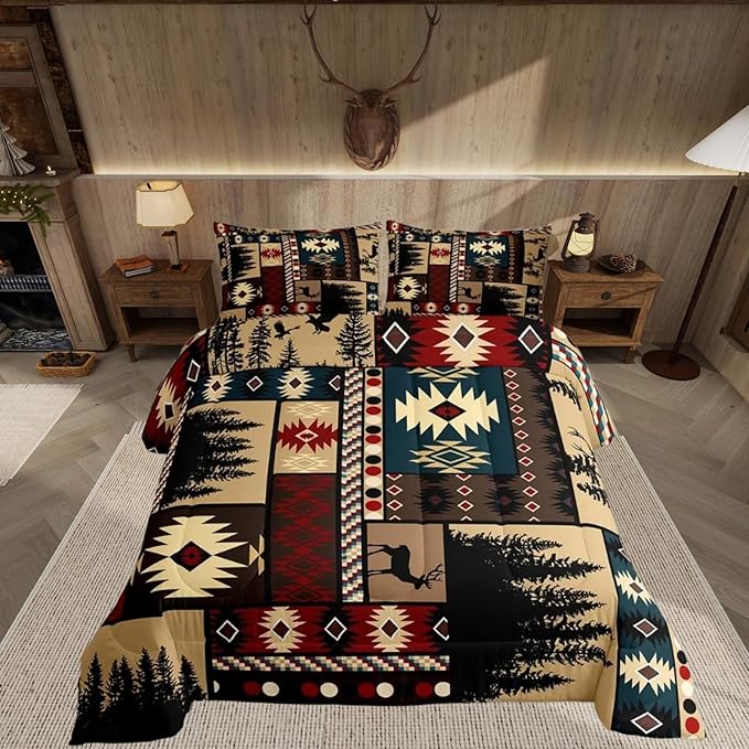 Feelyou Boho Comforter Set Twin Size Rustic Comforter for Boys Girls Teens Cabin Bedding Set Vinatge Duvet Set Room Decor Brown Quilt Set