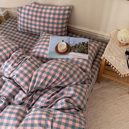 VM VOUGEMARKET Pink Plaid Comforter Set Full Blue Grid Gingham Down Comforter with 2 Pillowcases,Washed Cotton Modern Cozy Bedding Quilt Set for Teen Girls 80"x90"