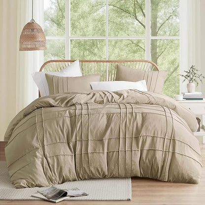 Comfort Spaces Khaki King Size Comforter Set - 3 Pieces Pintuck Pleated Bedding Sets, All Season Lightweight, Extra Softness Pre-Washed Microfiber King Bed Set, Shams, King