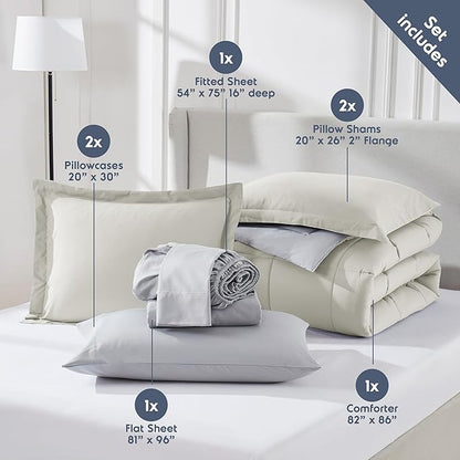 Nestl 7 Piece Full Comforter Set – Off White Reversible Bed in a Bag – Complete Full Size Bedding Set with Sheets, Pillowcases and Shams