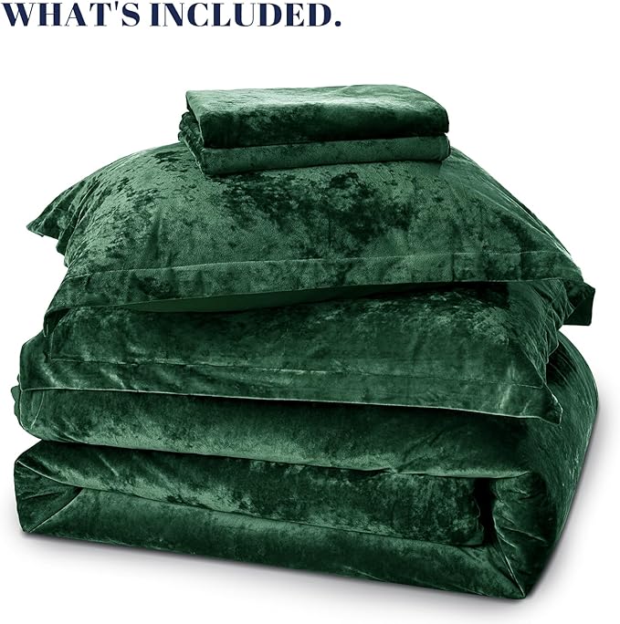 PHF Crushed Velvet Comforter Set King Size, 5-Piece Luxury Winter Bedding Sets with 2 Euro Shams, Heavyweight Warm Fluffy Velvet Bed Spread, Glam Home Decor, Emerald Green