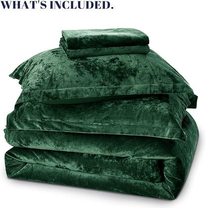 PHF Crushed Velvet Comforter Set King Size, 5-Piece Luxury Winter Bedding Sets with 2 Euro Shams, Heavyweight Warm Fluffy Velvet Bed Spread, Glam Home Decor, Emerald Green