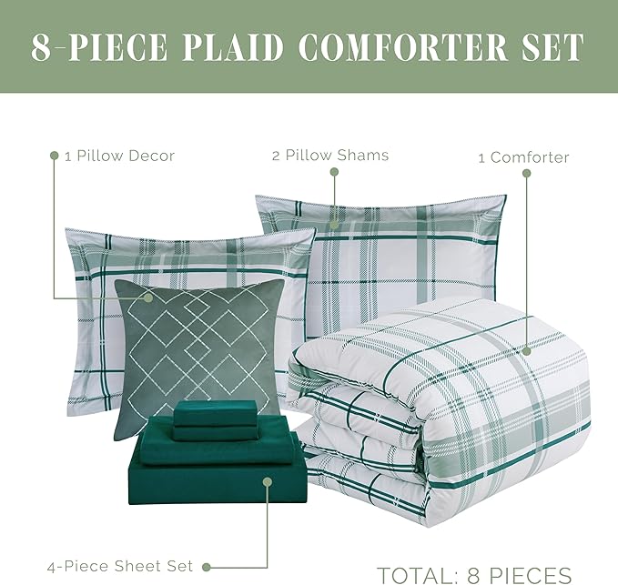 Elegant Comfort 8-Piece Lodge Plaid Reversible Comforter Set - All Season Bed in a Bag, 4-Piece Sheet Set Featuring Smart Pockets, Matching Shams and Decorative Pillow, King/California King, Sage
