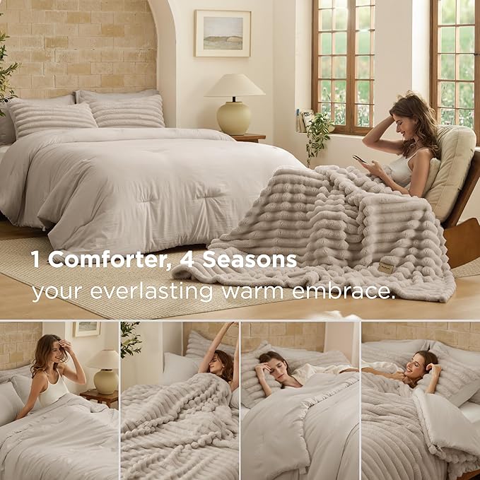 Bedsure Gentlesoft 2-in-1 Queen Comforter Set and Detachable Fluffy Blanket, Beige Bedding Set for All Season Use, SnapTech Design for Space Saving (Includes 2 Pillow Shams, 2 Pillowcases)