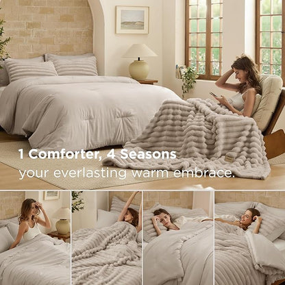 Bedsure Gentlesoft™ 2-in-1 California King Comforter Set and Detachable Fluffy Blanket, Beige Bedding Set for All Season Use, SnapTech Design for Space Saving (Includes 2 Pillow Shams, 2 Pillowcases)