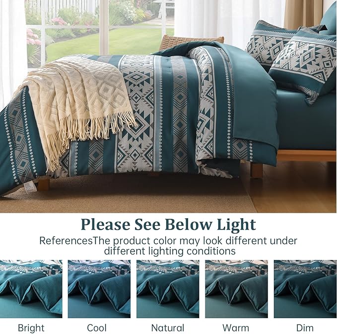 Anibedding Teal Comforter Set King 7 Pieces Boho Western Bedding Set for All Season, Aztec Bed in a Bag King Soft Microfiber Comforter Set with Sheets, Pillowcases & Shams