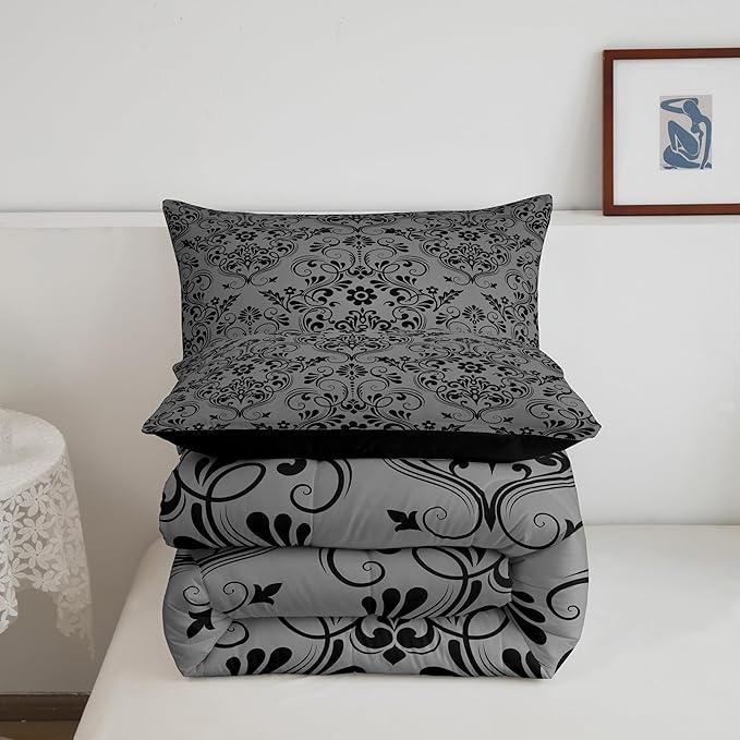 Feelyou Adults Black Vintage Damask Floral Comforter Set Oriental Antique Comforter Full Size Gothic Bohemia Boho Flower Bedding Set Bohemian Exotic Duvet Set Quilt Set 3Pcs