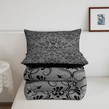 Feelyou Adults Black Vintage Damask Floral Comforter Set Oriental Antique Comforter Queen Size Gothic Bohemia Boho Flower Bedding Set Bohemian Exotic Duvet Set Quilt Set 3Pcs