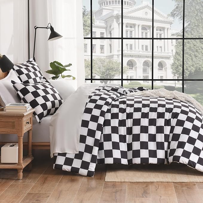 Andency Checkered Comforter Twin(66x90Inch), Black White Plaid Gingham Buffalo Grid Bedding Comforter Sets for Boys Kids Teens, 2 Pieces Lightweight Microfiber Geometric Preppy Bed Set