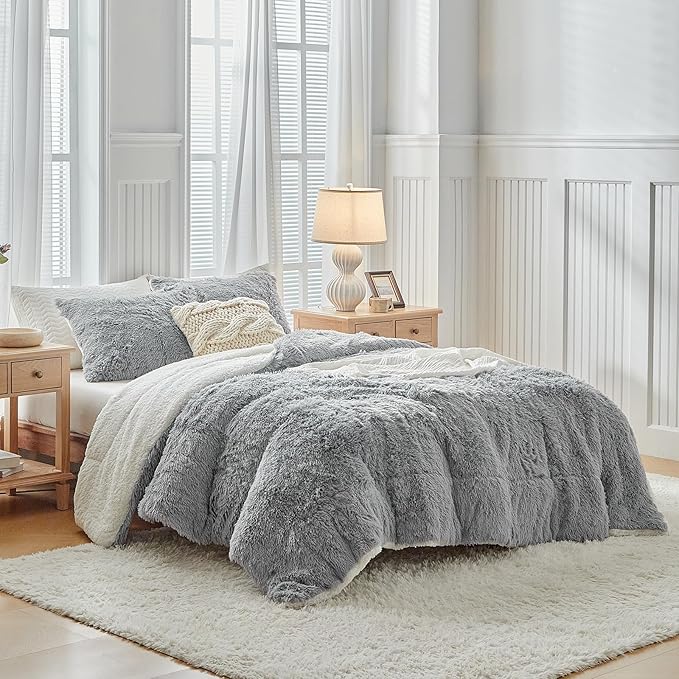 UOZZI BEDDING Gray Faux Fur Comforter Set Twin 3 Pieces - 1 Shaggy Comforter 68x86 and 2 Pillowcases, Ultra Soft and Easy Care Luxury Plush Super Warm Winter Shaggy Duvet Set