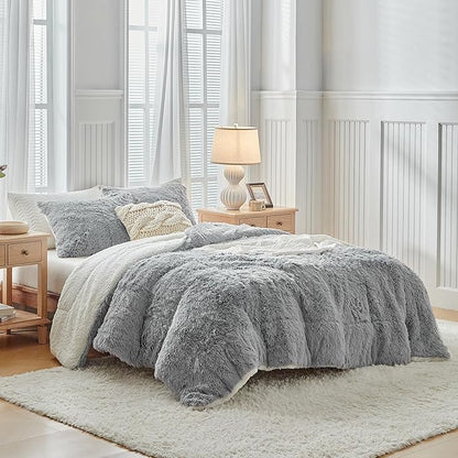 UOZZI BEDDING Gray Faux Fur Comforter Set Twin 3 Pieces - 1 Shaggy Comforter 68x86 and 2 Pillowcases, Ultra Soft and Easy Care Luxury Plush Super Warm Winter Shaggy Duvet Set