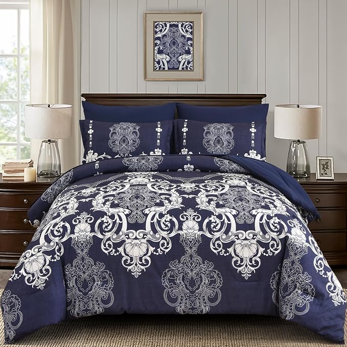 Mybedsoul Navy Blue Queen Comforter Set, 7 Pieces Boho Bed in a Bag for Queen Bed, Damask Comforter with Sheets Pillowcases, Soft Microfiber Lightweight Bedding Sets for All Season(90"x90")