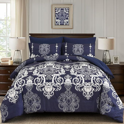 Mybedsoul Navy Blue Queen Comforter Set, 7 Pieces Boho Bed in a Bag for Queen Bed, Damask Comforter with Sheets Pillowcases, Soft Microfiber Lightweight Bedding Sets for All Season(90"x90")