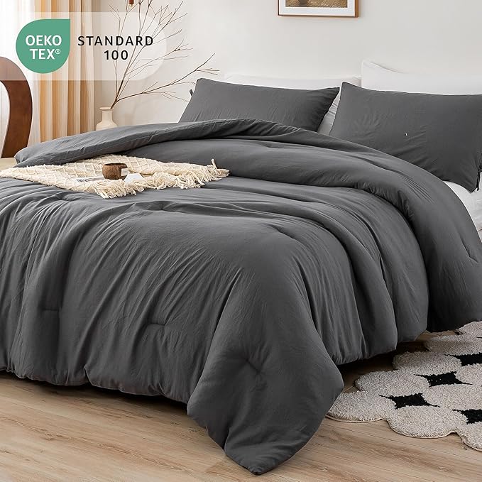 King Bed Comforter Set, Super Soft Washed Polycotton Fabric, Cozy Comfy Down Alternative Bed Blanket 1 Comforter Set & 2 Pillowcase Lightweight but Warm for All Season Use,King Dark Grey