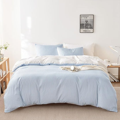 Wake In Cloud - Striped Comforter Set with Sheets, Ticking Stripe Vertical Pinstripe Neutral Farmhouse Pattern Printed, 5 Pieces Bed in a Bag, Blue White, Twin Size