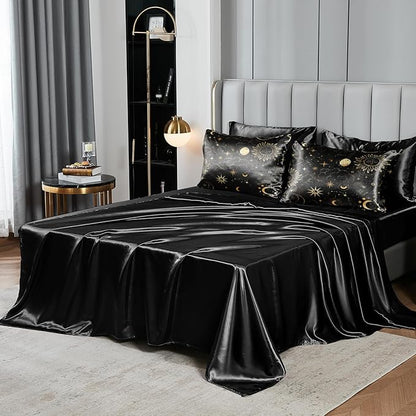 Sun and Moon Comforter Set Gray Satin Bedding Queen Stars Cloud Galaxy Comforter Mysterious Celestial Theme Silk Like Silky Bed in A Bag with Comforter and Sheets
