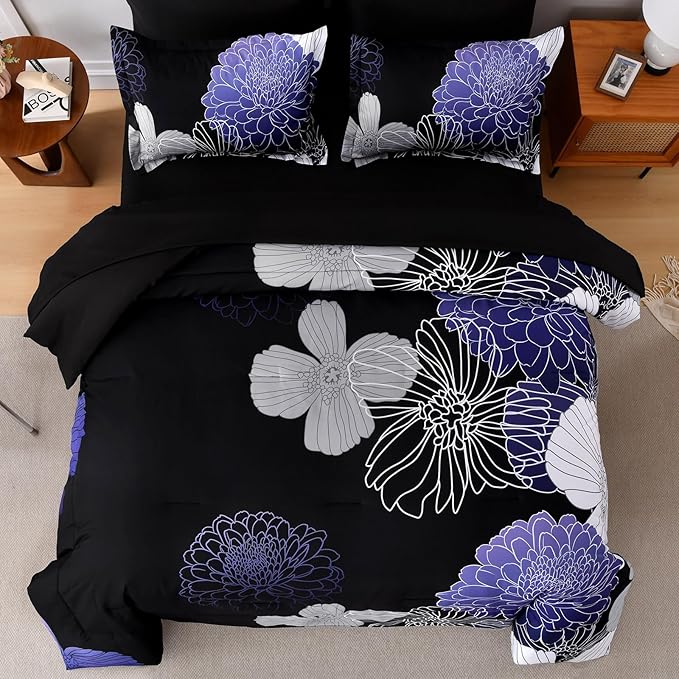 Yiran Floral Comforter Set Queen 7 Pieces Bed in a Bag Purple White Black Flower Comforter Soft Microfiber Bedding Sets for All Seasons 90"×90"