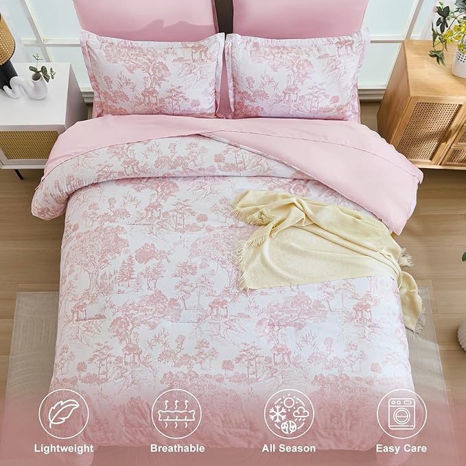 DJY King Size Comforter Set, 7 Pieces Bed in a Bag King Pink Botanical Comforters with Sheets Elegant Plants Print Christmas Soft Microfiber Reversible Complete Bedding Sets for All Season