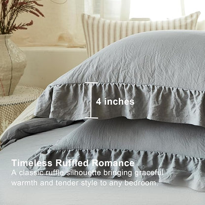 Grey Ruffle Comforter Set Queen, Pre-Washed Shabby Chic Bedding Set, Lightweight Cottagecore Soft Romantic Cozy 1 Comforter & 2 Shams, All-Season