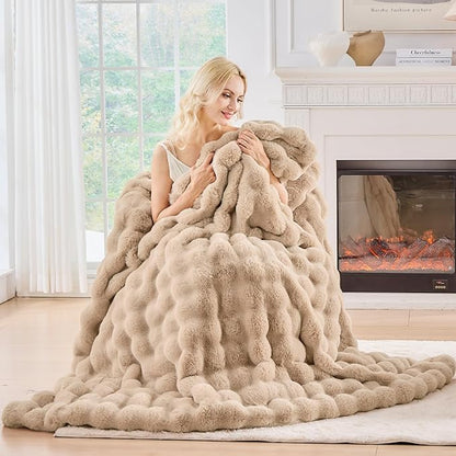BENVWE Faux Fur Throw Blanket for Couch Bed - Fluffy Soft Thick Bubble Blanket for Living Room Home Decor - Mothers Day Birthday Gifts for Women, Beige, 63" x 80"