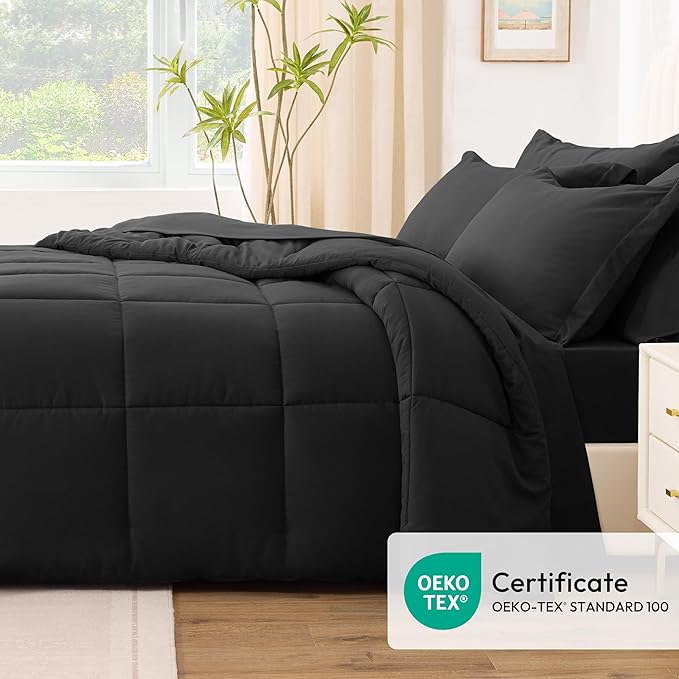 Love's cabin Twin Comforter Set Ash Black, 5 Pieces Twin Bed in a Bag, All Season Bedding Sets with 1 Comforter, 1 Flat Sheet, 1 Fitted Sheet, 1 Pillowcase and 1 Pillow Sham