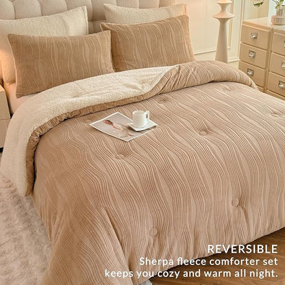 3D Striped Jacquard Sherpa Comforter Set King Size, Boho Geometric Pattern Quilt Bedding 3 Pieces Warm Cozy Fuzzy Comforter with 2 Pillowcases(104"X90" Beige)