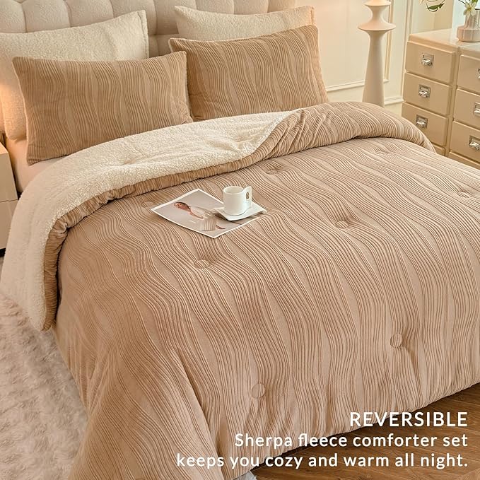 3D Striped Jacquard Sherpa Comforter Set Queen Size, Boho Geometric Pattern Quilt Bedding 3 Pieces Warm Cozy Fuzzy Comforter with 2 Pillowcases(90"X90" Beige)
