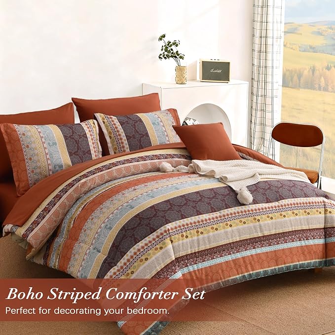 Cottolester Boho Comforter Set Queen Size,8 Pieces Red and Orange Bohemian Striped Bed in a Bag,Paisley Soft Microfiber Bedding Comforter Set