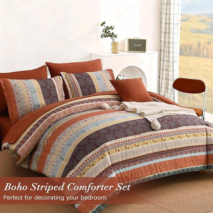 Cottolester Boho Comforter Set Queen Size,8 Pieces Red and Orange Bohemian Striped Bed in a Bag,Paisley Soft Microfiber Bedding Comforter Set