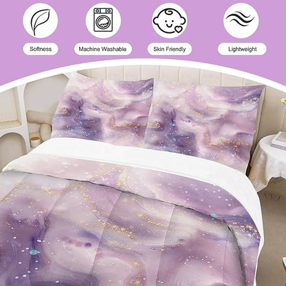 Glitter Purple Marble Comforter Set Queen Size Lavender Bedding Set Tie Dye Marbling Quilt Set Luxury Marbled Texture Watercolor Light Purple Fluid Bed Set with 1 Comforter + 2 Pillowcases