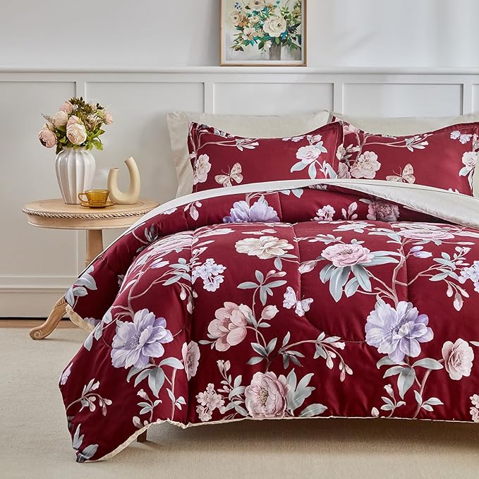 Joyreap 3pcs Floral Comforter Set Full/Queen, Blue n Pink Flowers on Burgundy Red Design, Microfiber Lightweight Christmas Bedding Comforter Set for All Season