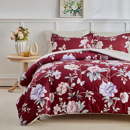 Joyreap 3pcs Floral Comforter Set Full/Queen, Blue n Pink Flowers on Burgundy Red Design, Microfiber Lightweight Christmas Bedding Comforter Set for All Season