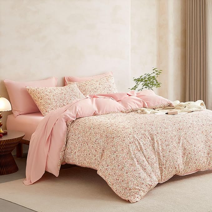 Wake In Cloud - Floral Comforter Set with Sheets, Cute Vintage Flower Cottagecore Aesthetic for Women Teen Girls, 5 Pieces Bed in a Bag, Cream Pink, Twin Size