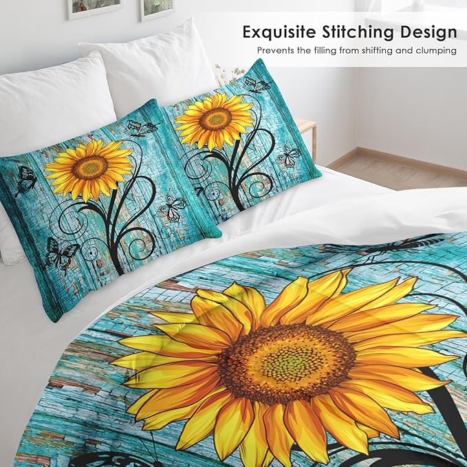 Comforter Set Queen Size, Rustic Yellow Sunflower 3 Pcs Soft Bedding Set for Kids and Adults, Teal Wood Wooden Floral Comforter Set with 2 Pillowcases, for Bedroom Bed Decor