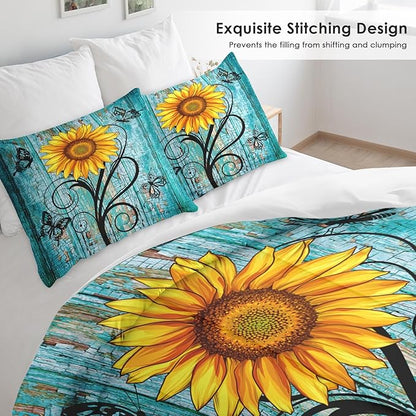 Comforter Set Queen Size, Rustic Yellow Sunflower 3 Pcs Soft Bedding Set for Kids and Adults, Teal Wood Wooden Floral Comforter Set with 2 Pillowcases, for Bedroom Bed Decor