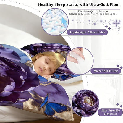 Purple Floral Butterfly Comforter Set Twin Size Purple Blue Gold Marbled Bedding Set for Kids Adults Elegant Marbling Flower Bed Set Soft Modern Art Quilt Set with 1 Comforter + 1 Pillowcase
