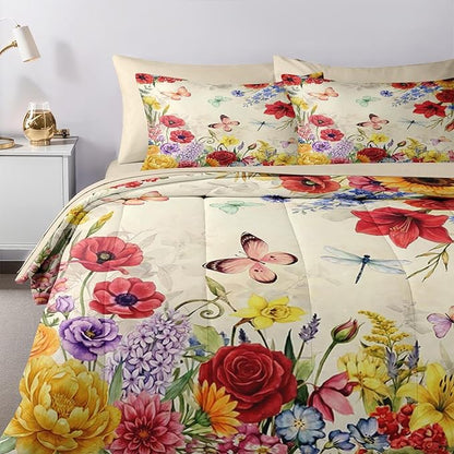 Nesker 7 Pcs Spring Comforter Set Queen Size, Floral Butterfly Bedding Set for Kids and Adults, Poppy Rose Bed Sheet Sets with Fitted Sheet 2 Pillowcases & 2 Shams